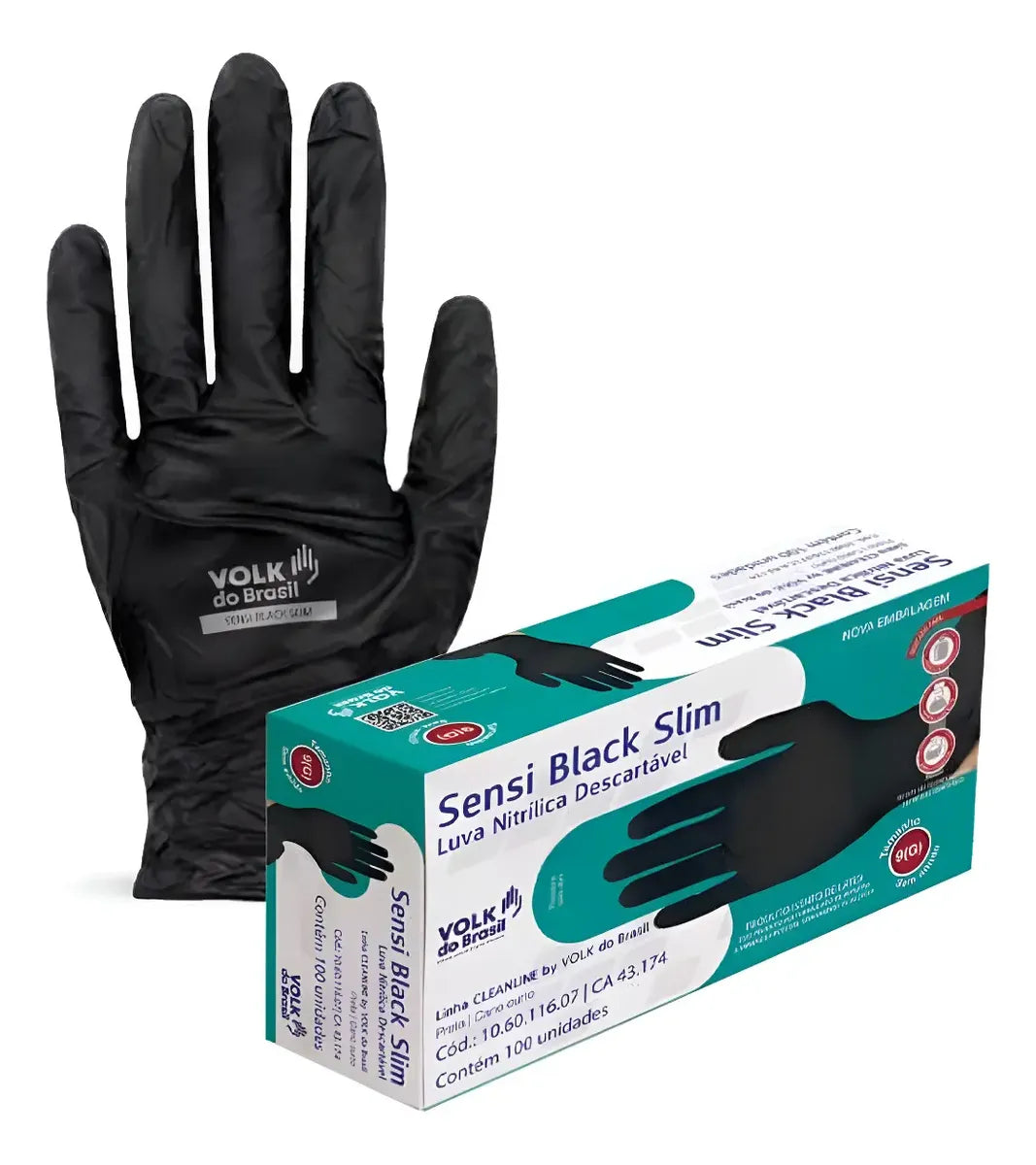 Luva Nitrilica Sensi Black Slim Preta Volk  C 100 Unds