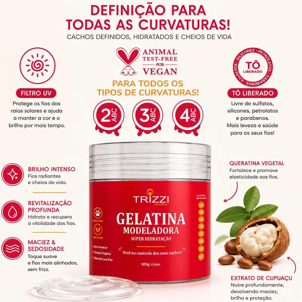 Gelatina Cachos Crespo Brilho Revitalizante Keratina Trizzi 500g