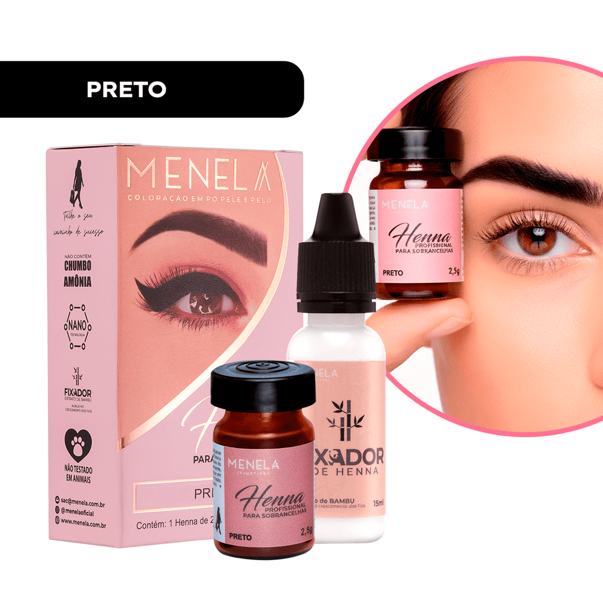 Kit Henna Profissional para Sobrancelhas Menela - Preto 2,5g