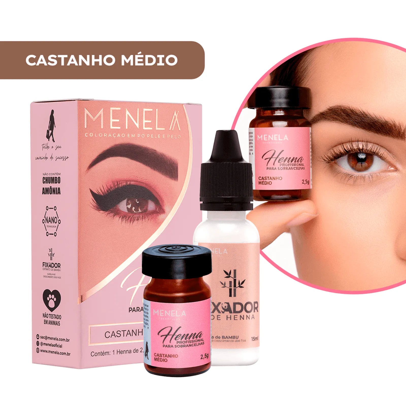 Kit Henna Profissional para Sobrancelhas Menela  Castanho Médio 2,5g