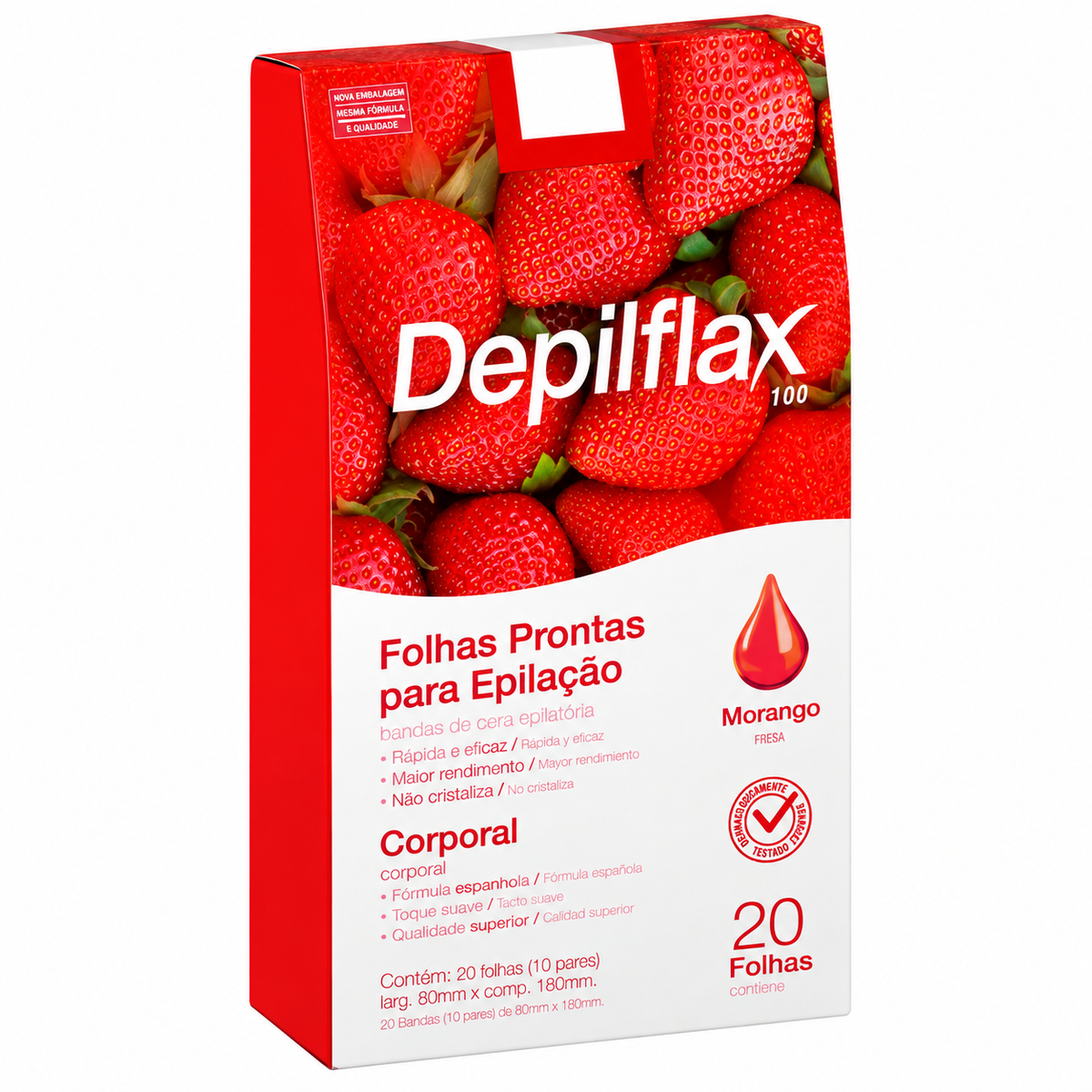 Folhas Prontas Depilflax Depilação corporal Morango 20 unidades
